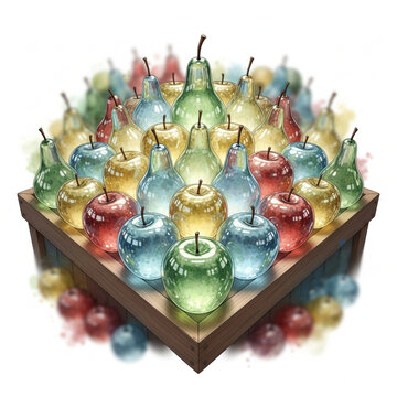Colorful apples and pears artfully arranged on a wooden stand, creating a visually appealing display, great for adding a touch of freshness to any project, vibrant and inviting