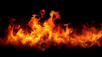 Intense orange and yellow flames burn vibrantly across a solid black background