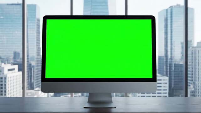 Modern Business Workspace with desktop computer monitor mock up green screen chroma key display standing on the desk in office background glass wall big city zoom shot distortion, overlay, glitch