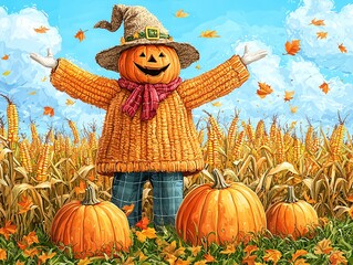Pumpkin Scarecrow Field Autumn Scenery