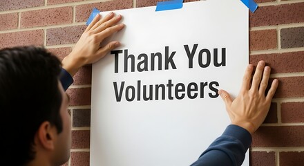 Person Putting Up Thank You Volunteers Sign on Brick Wall in Indoor Setting