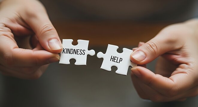 Hands Holding Puzzle Pieces with Kindness and Help Words for Compassionate Support Concept