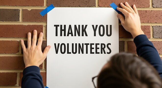 Thank You Volunteers Handwritten Sign Held by Person in Dark Clothing Against Brick Wall