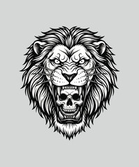 A monochrome drawing of a lion head roaring with a skull inside its mouth on a grey background