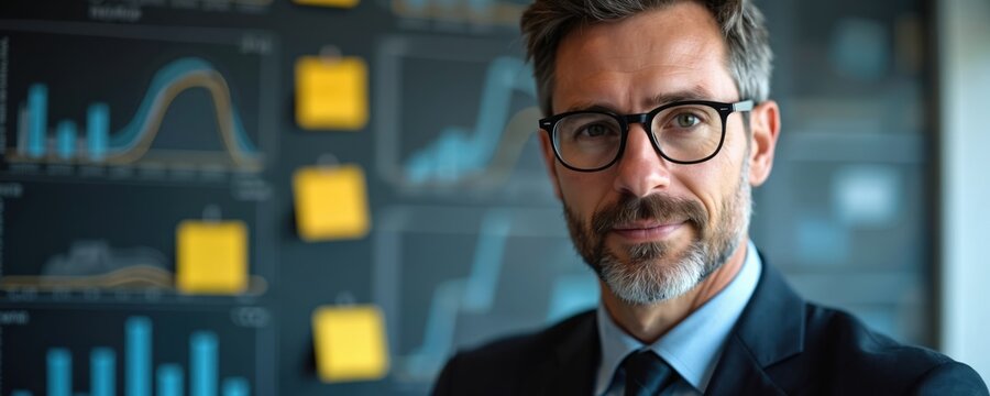 Confident businessman smiles. Manager stands by dashboard. Graphs show success. Yellow notes with tasks. Leader thinks about solution. Analytics professional looks positive about future. Data