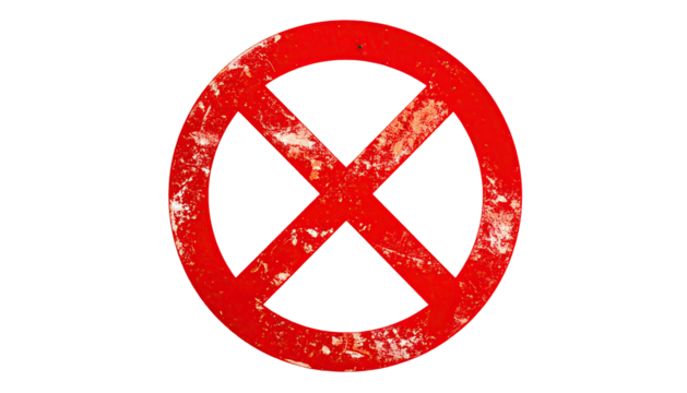 A vibrant, textured red "X" within a red circle against a stark black background