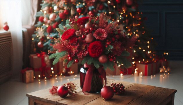 red roses bouquet against the backdrop of a cozy Christmas interior
