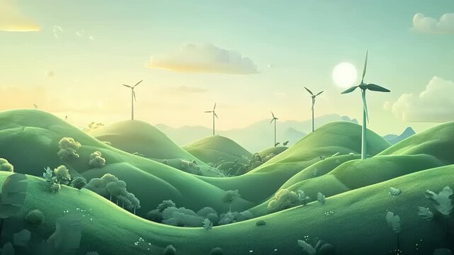 Green Energy Hills Sustainable Future with Wind Turbines on Rolling Green Hills
