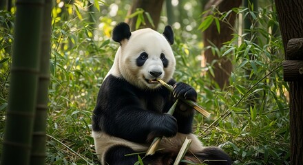 Obraz premium Giant Panda Eating Bamboo in Lush Green Forest Habitat.
