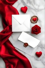 Red ribbon, envelopes, hearts, and rose on marble background  