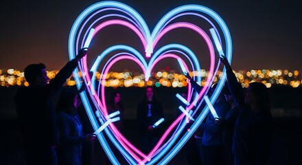 People Creating Neon Heart Light Art at Night on City Skyline Background