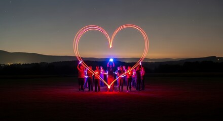 Group of People Creating Heart Shape with Light Trails During Night Outdoor Event