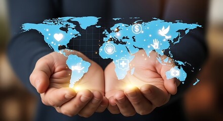 Hands Holding Digital World Map with Icons on Blue Background