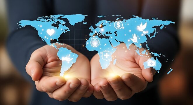 Hands Holding Digital World Map with Icons on Blue Background