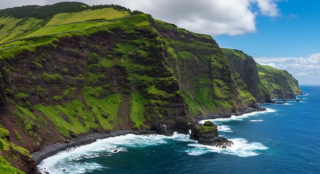 Coastal cliffs with lush green vegetation along a shoreline, ocean waves