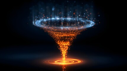 Digital particles form an abstract funnel shape illuminated by contrasting light colors