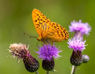 Close-up view of a vibrant orange butterfly perched on a purple thistle flower, wings open
