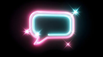 Glowing neon sign shaped like a speech bubble illuminates a dark background with bright sparkles