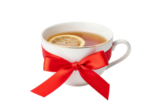 Gift of Warmth: Elegant Teacup with Lemon Tea and Festive Red Ribbon Bow on White Background - Powered by Adobe