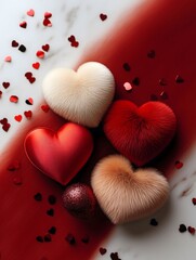 Colorful plush hearts surrounded by glittering confetti on a table  