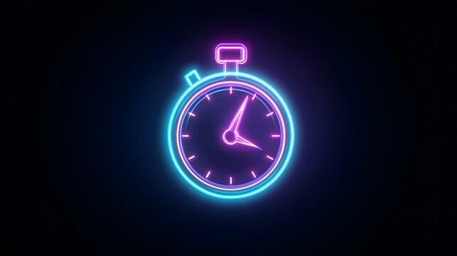 Glowing stopwatch icon illuminates a dark background with vibrant neon light