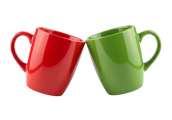 Vibrant Red and Green Mugs Leaning Together on White: Perfect Pair for Coffee, Tea, Friendship, or Festive Cheer