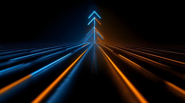 Glowing neon arrows and light trails converge toward an upward direction in dark space