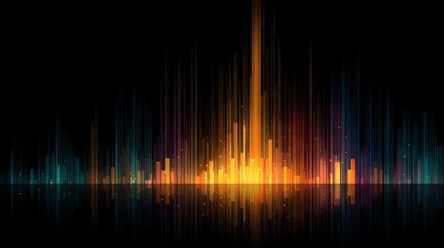Vibrant multicolored light bars visualize digital sound spectrum against a dark background