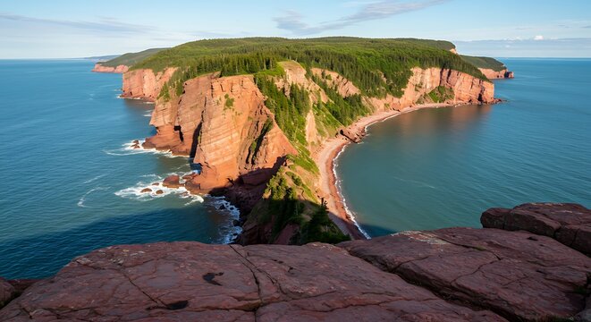 Coastal cliffside island landscape with ocean and lush green trees under sunlight