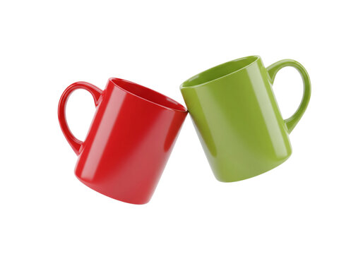 Vibrant Red and Green Mugs Leaning Together, Isolated on White Background