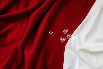 Red and white fabric with crystal hearts arranged artfully  