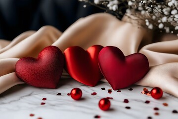 Red hearts on satin fabric with decorative elements for romance  