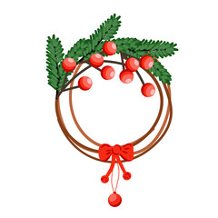 Elegant Christmas wreath with viburnum, ribbon and toys, cones. Cozy holiday decoration. Flat vector illustration.