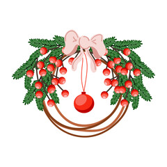 Elegant Christmas wreath with viburnum, ribbon and toys, cones. Cozy holiday decoration. Flat vector illustration.