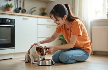Young asian woman feeds her small Jack Russell dog in modern kitchen. Lady pets cute puppy eating food from bowl. Happy pet owner enjoys time with pet at home.