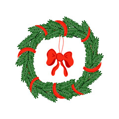 Elegant Christmas wreath with viburnum, ribbon and toys, cones. Cozy holiday decoration. Flat vector illustration.