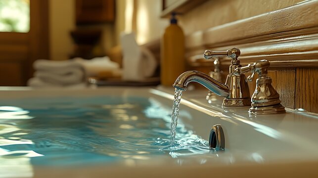 Bathtub with flowing water in bathroom.