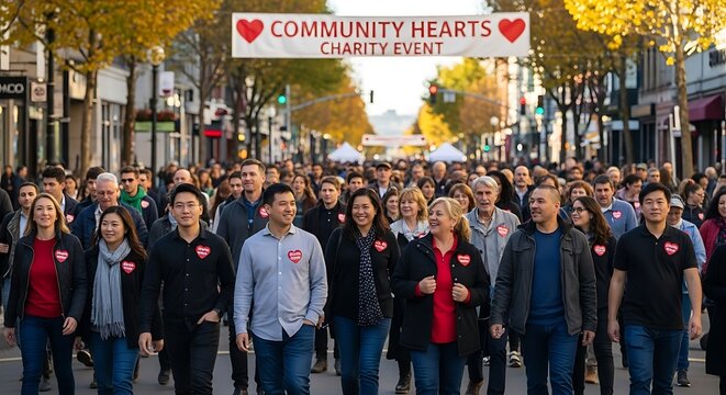 Community Heart Charity Event People Walking in Urban Street Autumn Setting - Powered by Adobe
