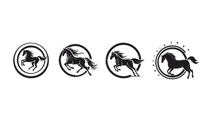 Four black horse silhouettes in circular frames, some with stars, on a white background