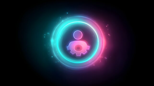 Glowing digital interface element depicts user settings configuration surrounded by vibrant neon light rings - Powered by Adobe