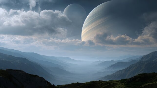 A breathtaking alien landscape features rolling misty mountains under dramatic clouds and two colossal planets in the sky