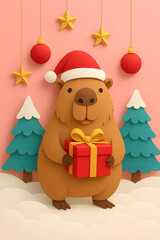 Cute 3D capybara in a Christmas hat holding a gift box between decorated Christmas trees on a pastel background
