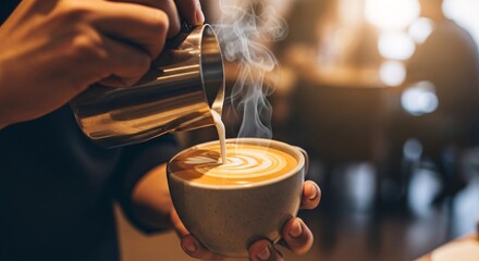 Close-up of a skilled barista's hands meticulously pouring steamed milk into a coffee cup, expertly crafting delicate latte art, creating a warm and inviting atmosphere in a cozy cafe