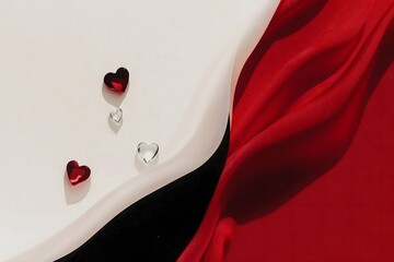 Decorative hearts on smooth fabric in red, black, and white colors  