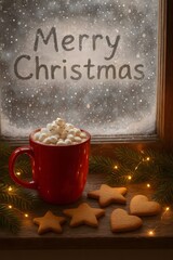 A red mug of hot chocolate near a frosted window with the words Merry Christmas written on it