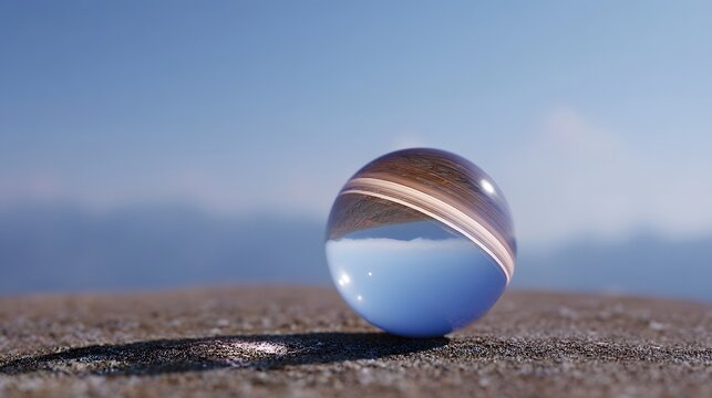 A transparent sphere with wood like rings sits on a textured surface reflecting a scenic landscape - Powered by Adobe