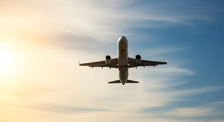 Obraz premium Commercial airplane flying in the sky with sunset light and clouds in the background