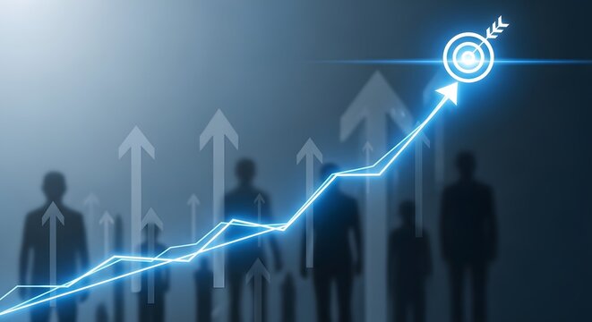 Futuristic blue graph showing upward trend with silhouettes of business people and target goal