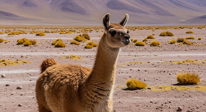Guanaco in the Arid Atacama Desert Landscape. - Powered by Adobe