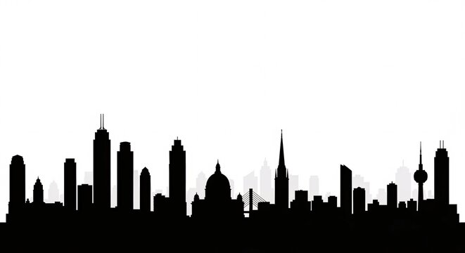 Sleek and versatile city skyline silhouette graphic featuring diverse architectural forms against a pristine white background, perfect for urban design concepts and digital projects